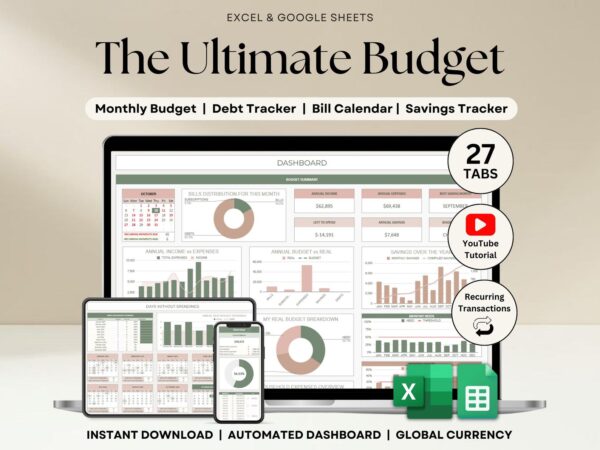 Ultimate Annual Budget Spreadsheet Excel Google Sheets Budget Template Monthly Budget Tracker Financial Planner Bill Tracker Debt Tracker