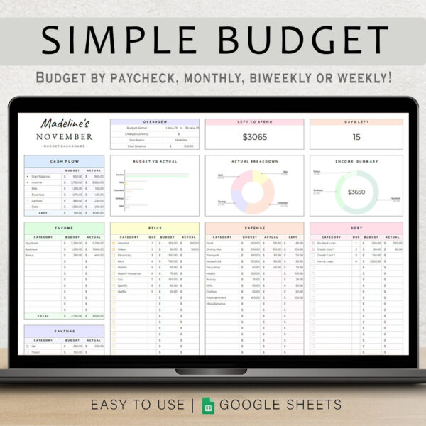 Budget Planner Google Sheet Monthly Budget Spreadsheet Paycheck Budget Template Simple Weekly Financial Planner Beginners Biweekly Budgeting